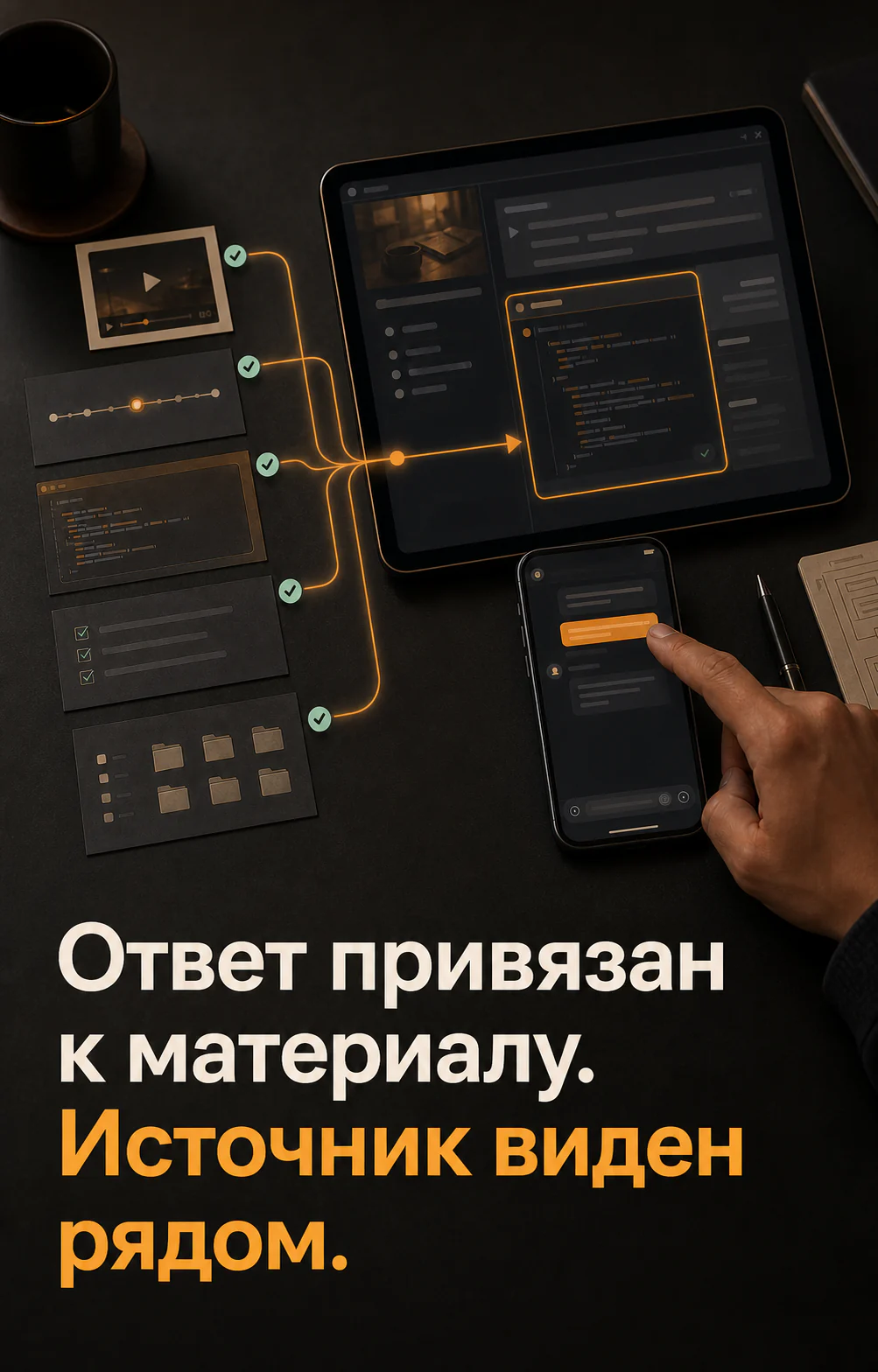 Вопрос в Mini App связывается с видео, уроком, кодом и материалами курса